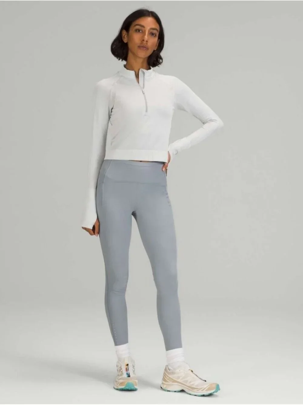 Lululemon Rest Less Cropped 1/2 ZipDiagonal Rib Silver Drop / White